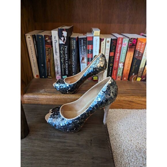 l.a.m.b. peeptoe tan leather silver sequin stilleto sz 7.5 excellent condition - Picture 3 of 6